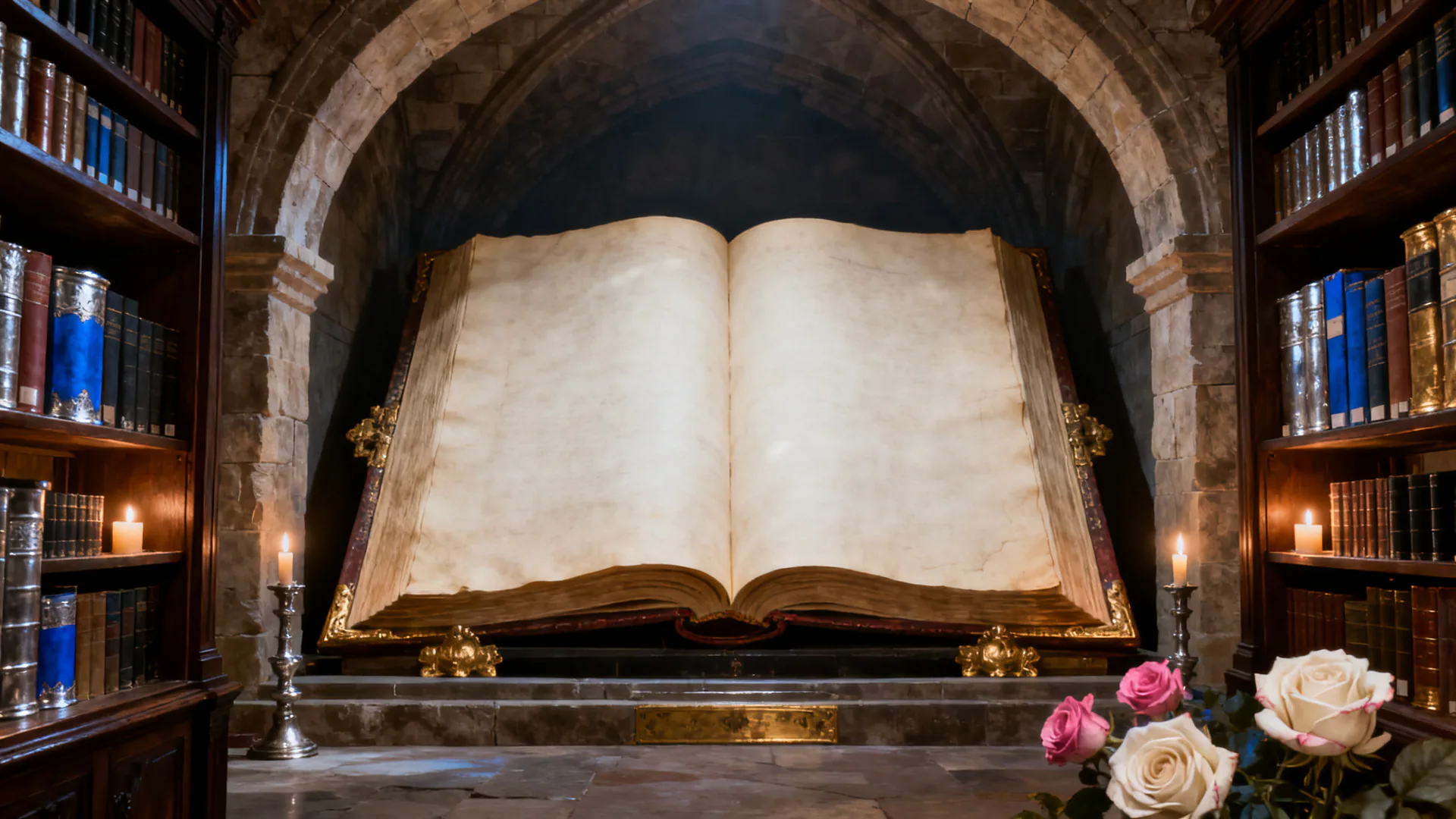 An open blank archive volume in a candlelit stone library, with no generated scripture or invented symbols.