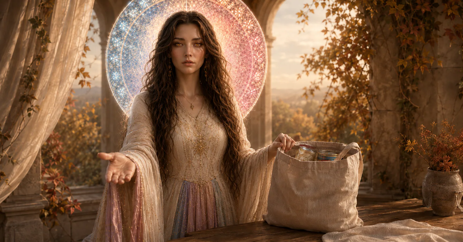 Love Maiden extends an open hand beside a cloth bag of food beneath her split blue-and-rose halo in an autumn sanctuary.