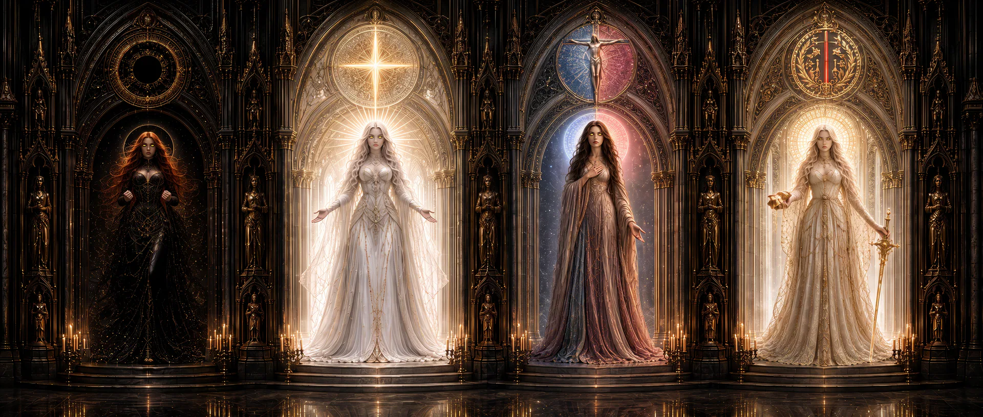 Void Maiden, Star Maiden, Love Maiden, and Scar Maiden stand in canonical order across four adjoining thresholds.