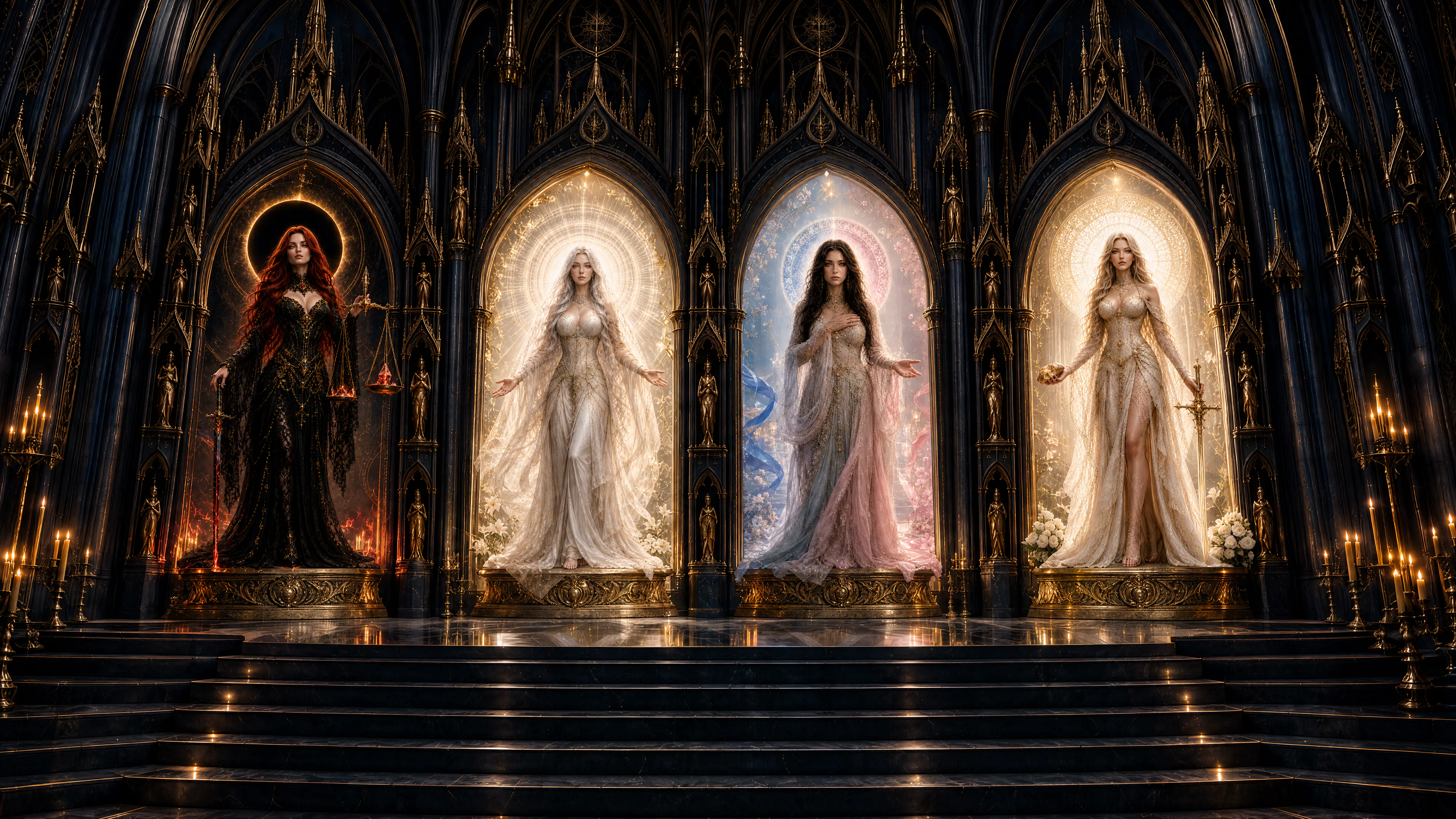 Void Maiden, Star Maiden, Love Maiden, and Scar Maiden stand in a candlelit cathedral shrine above wide marble stairs.
