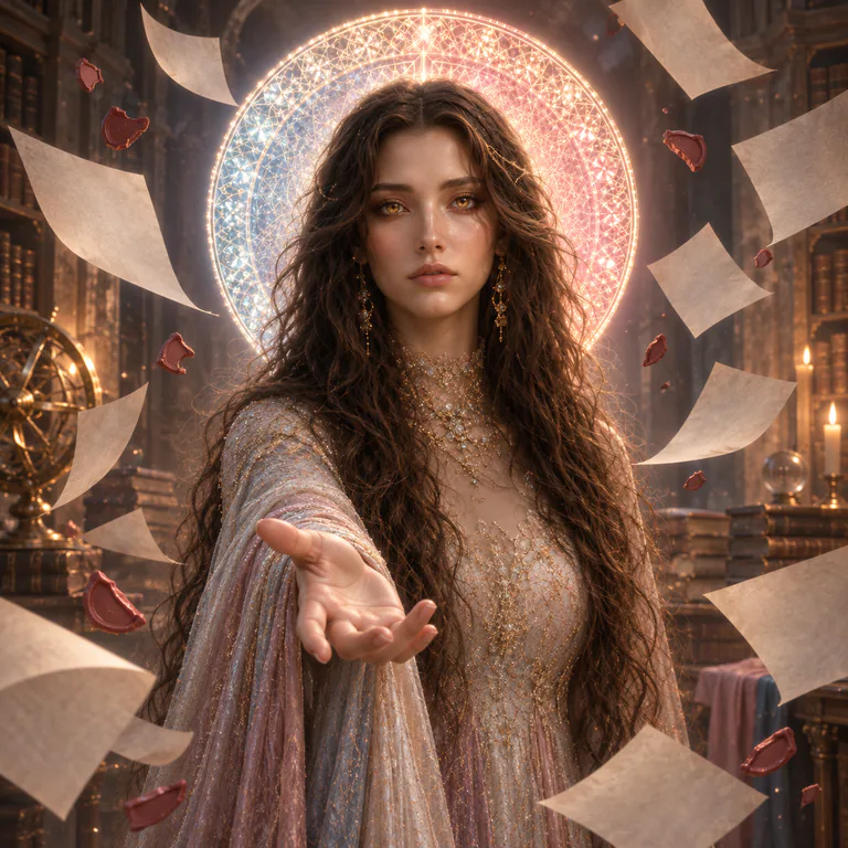 Love Maiden's living face and open hand emerge intact beneath suspended blank pages and broken seals that cannot contain her name.