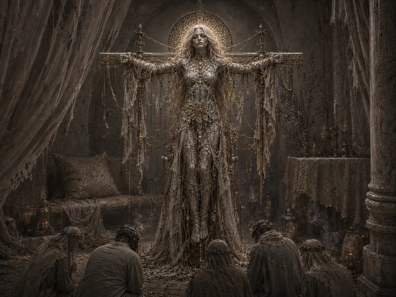 Dead Maiden crucified beneath her tarnished halo while kneeling witnesses gather below; Love's kept body remains fully visible.