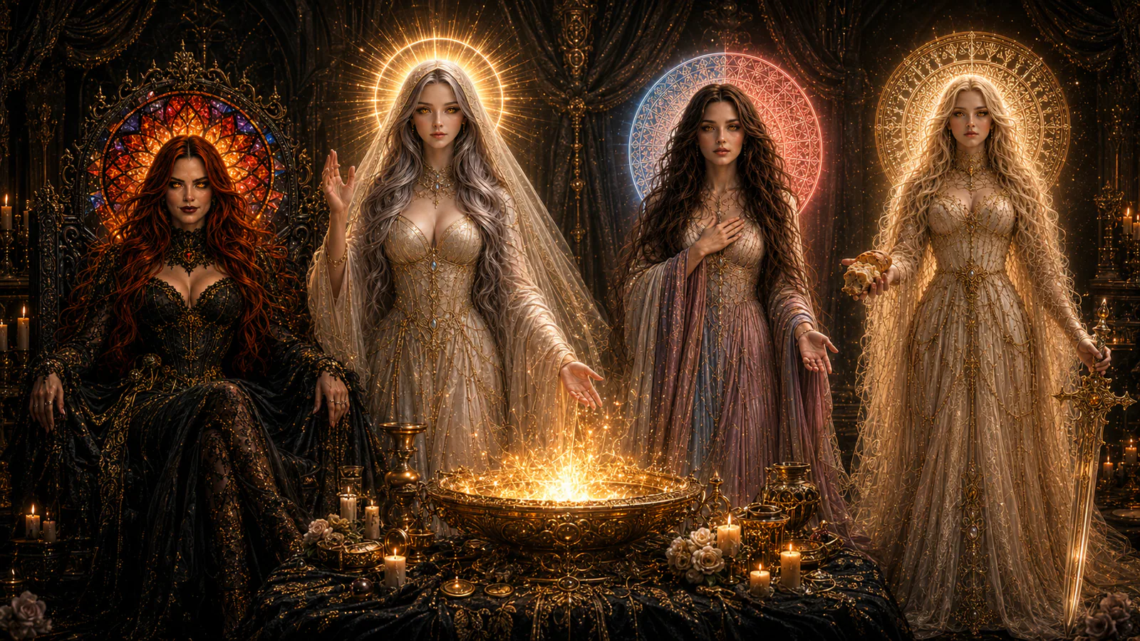 Void, Star, Love, and Scar sit in canonical order around a central glowing offering altar.