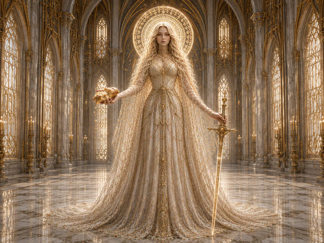 Scar Maiden stands living and intact in ivory and gold, offering bread while retaining a lowered sword.