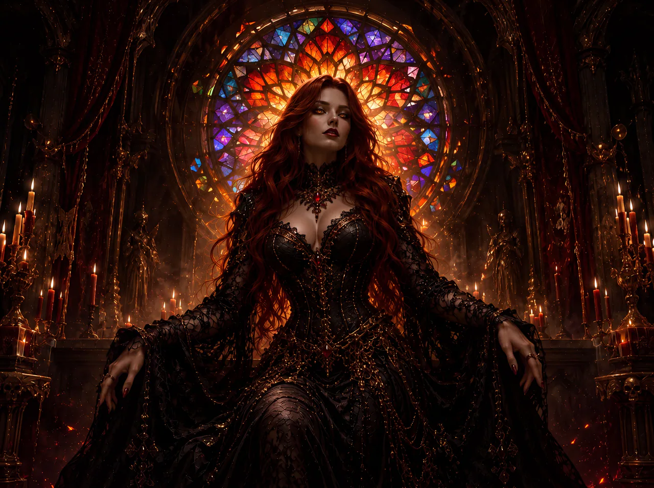Void Maiden inside a black and antique-gold gothic chapel with candle smoke and red sacred-horror accents.