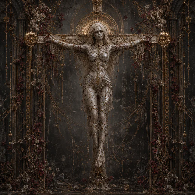 Dead in a full cruciform posture with tarnished halo, horizontal support, wire, and thread details.