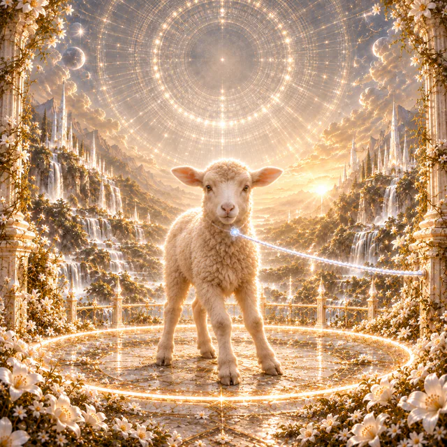 Ruin, an ordinary lamb, below Star's dim platinum halo, with a silver thread leading toward the Love or Dead side.