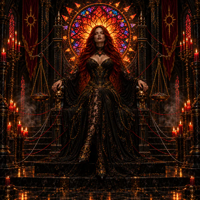 Void enthroned beneath a stained-glass halo, with throne and visible chains or threads.