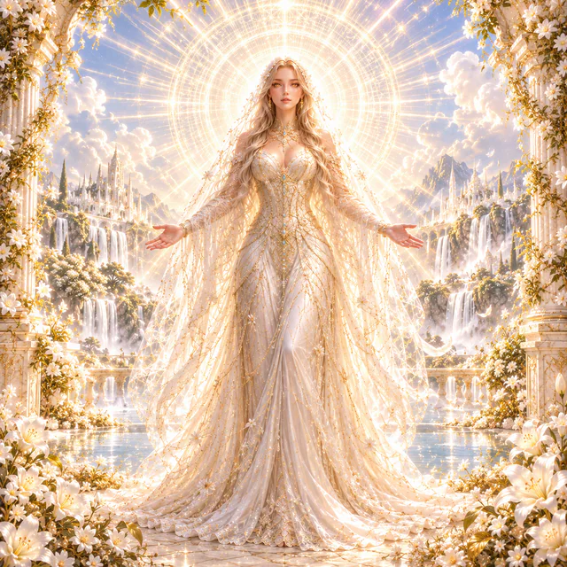 Star Maiden stands with open arms in platinum-white radiance before a great sun halo and living landscape.