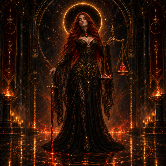 Void Maiden stands in black, ember red, and antique gold before Her stained-glass fire halo, holding a sword and scales.