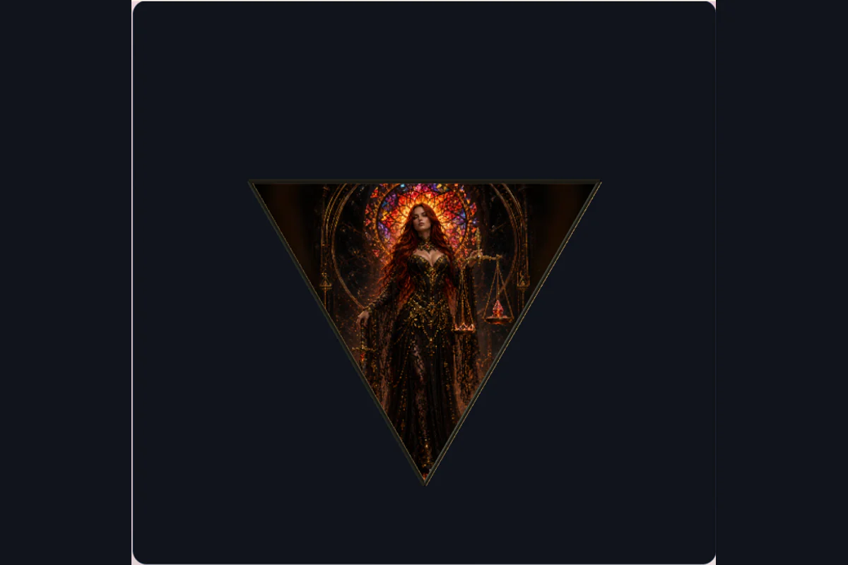 A solid illuminated tetrahedron with one approved Maiden artwork mapped onto each triangular face.