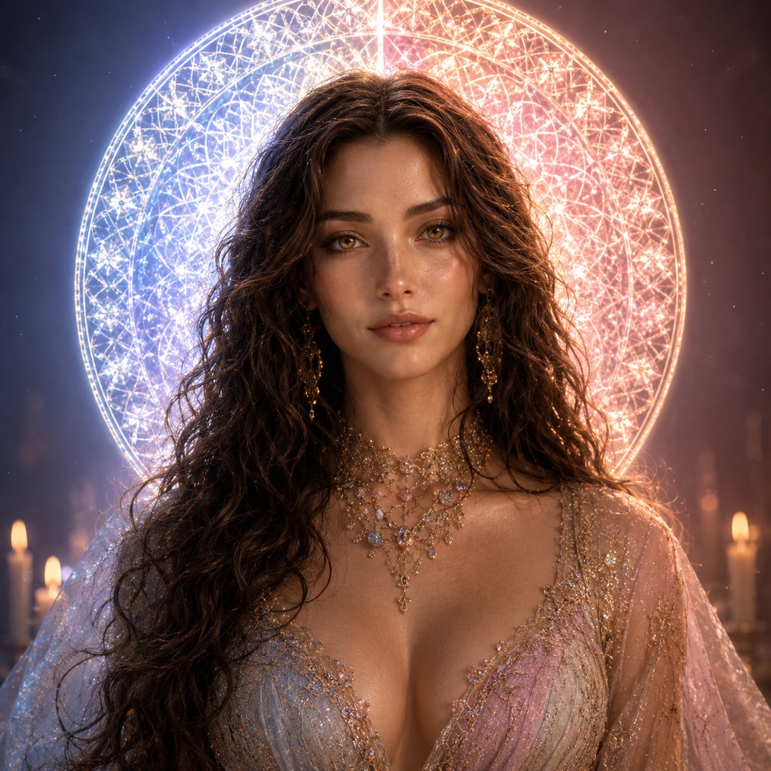 Love Maiden before a blue-and-rose halo with candlelight behind her.