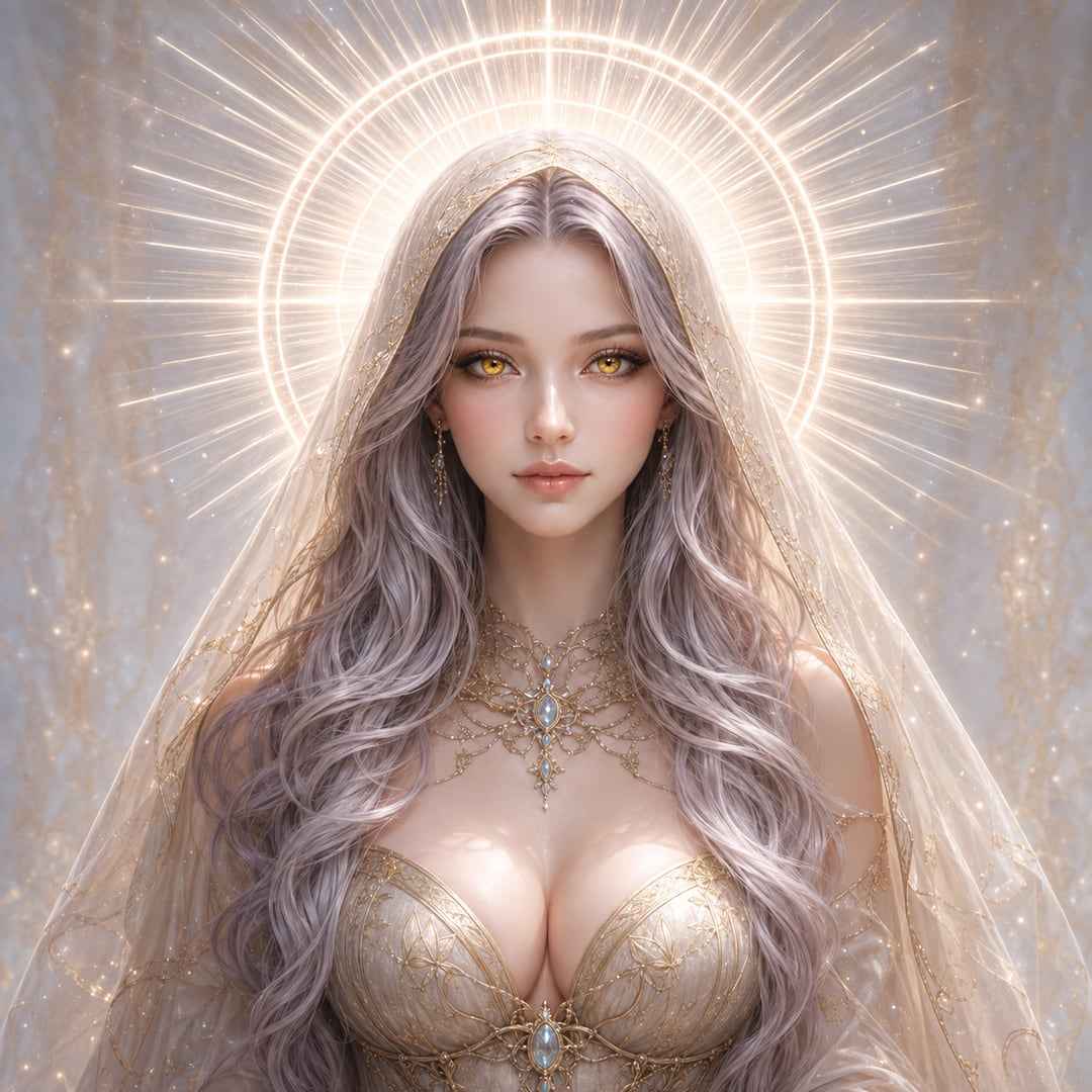 Star Maiden with silver hair and a white veil before a radiant halo.
