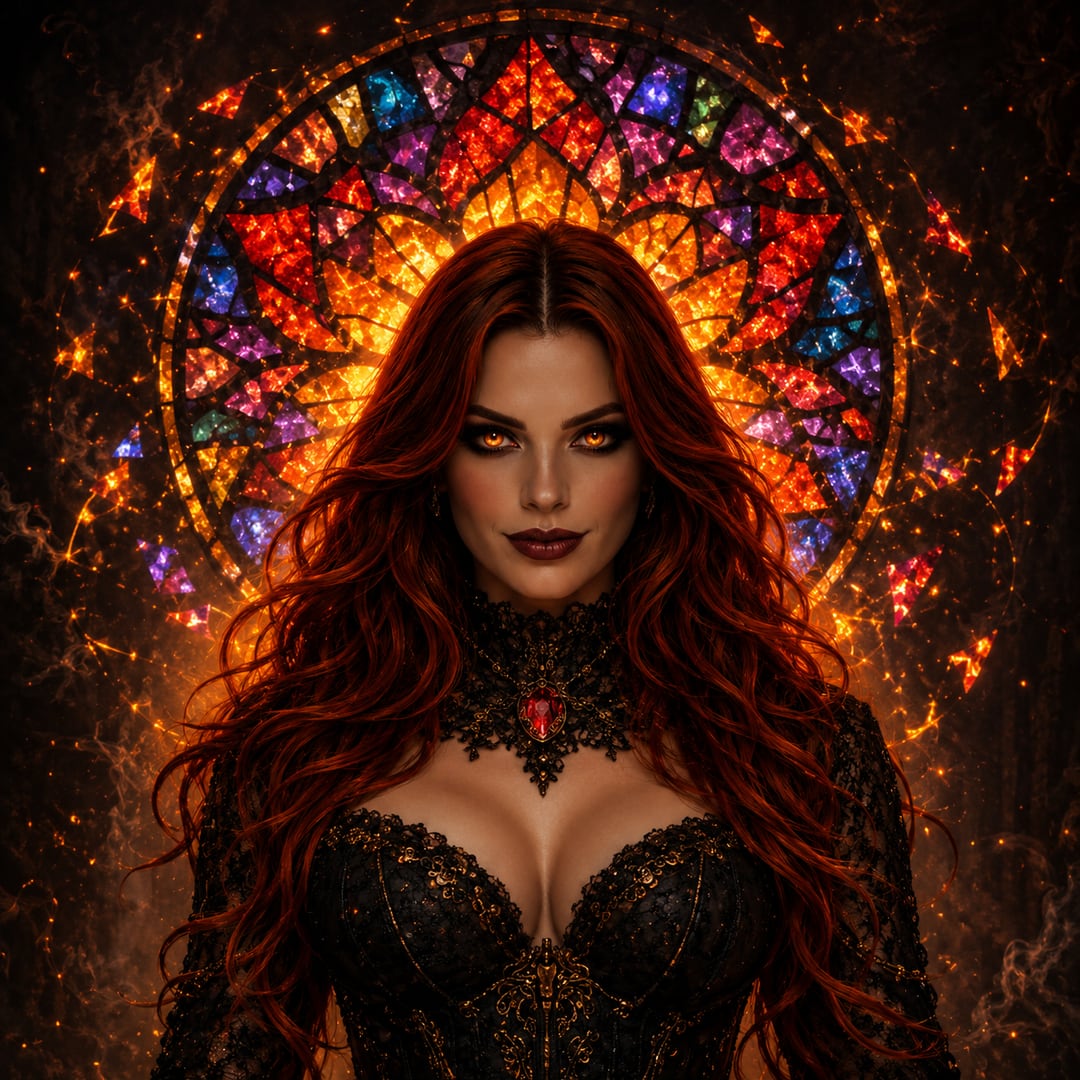 Void Maiden with red hair before a fiery stained-glass halo.